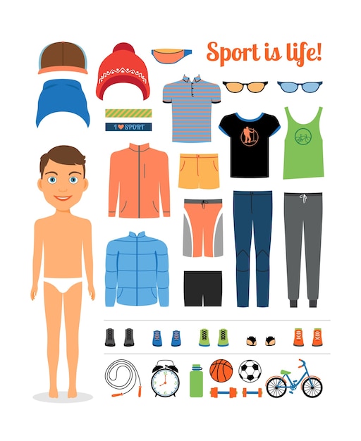Sport jongen. Kleding en sportuitrusting voor fitness. Sportkleding, hoed, jas. Vector illustratie