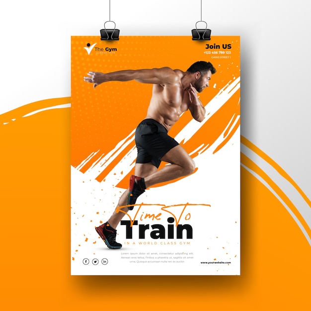 Gratis vector sport poster sjabloon met foto van man training