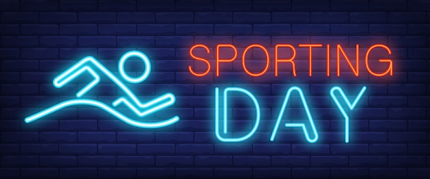 Sportdag neonreclame. Gloeiende bar belettering met zwemmende man