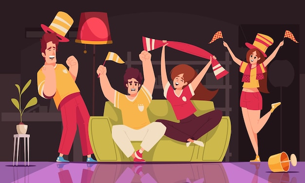 Gratis vector sportfans cartoon samenstelling met gelukkige mensen vieren overwinning thuis vectorillustratie
