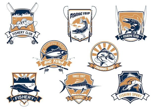 Sportvissen geïsoleerde pictogrammen met staven vissersclubuitrusting of badge sport of vrije tijd