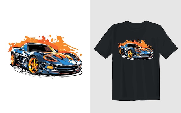 Gratis vector sportwagen cartoon vectorillustratie sportwagen t-shirt ontwerp