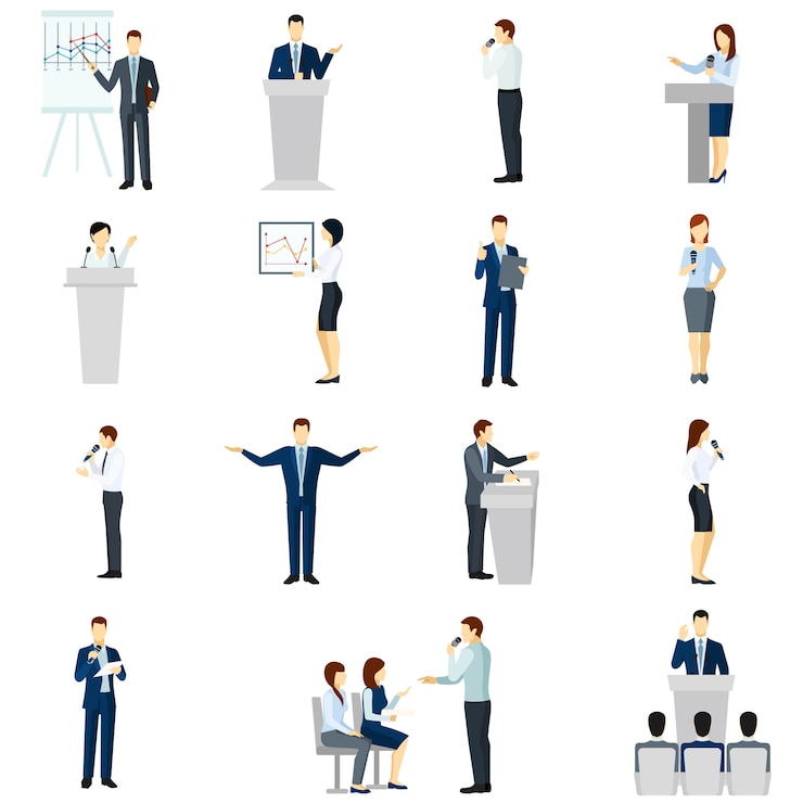 Gratis Vector spreken in het openbaar mensen plat pictogrammen instellen