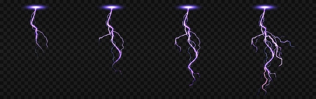 Sprite-blad met bliksemschichten, blikseminslagen ingesteld voor fx-animatie. realistische set van paarse elektrische impact 's nachts, vonkende ontlading van onweer geïsoleerd op transparante achtergrond