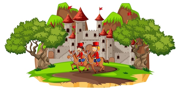 Sprookjesachtige scène met kasteel en koninklijke garde van een soldaat Gratis Vector