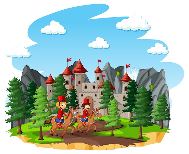 Sprookjesachtige scène met kasteel en koninklijke garde van een soldaat