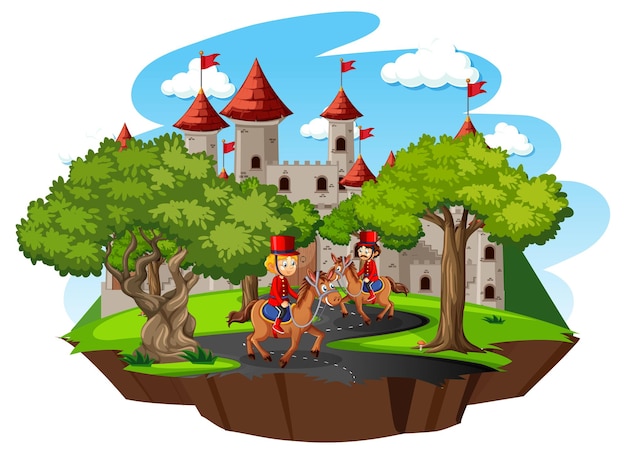 Sprookjesachtige scène met kasteel en koninklijke garde van een soldaat