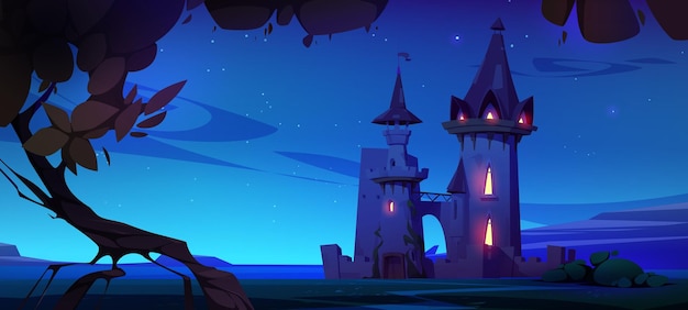 Sprookjeskasteel onder nacht sterrenhemel cartoon