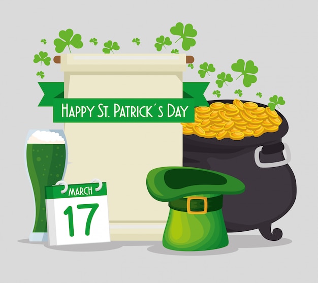 St Patrick's Day-kaart met ketel en gouden munten met hoed