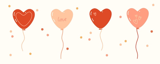 St. valentijnsdag instellen. vier hartvormige ballonnen en kleurrijke confetti