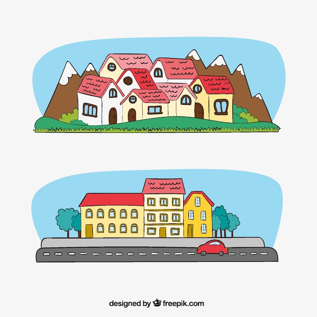 Gratis vector stad banners en huizen met de hand getekende bergen