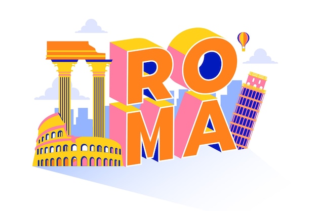 Gratis vector stad belettering roma met de belangrijkste attracties