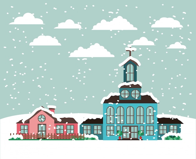 Gratis vector stad met kerk in snowscape