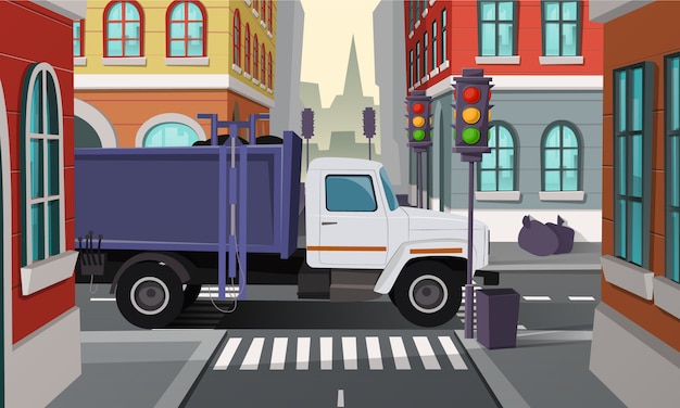 stads kruispunten met vuilniswagen. Auto met vuilnis, gemeentelijke dienst.