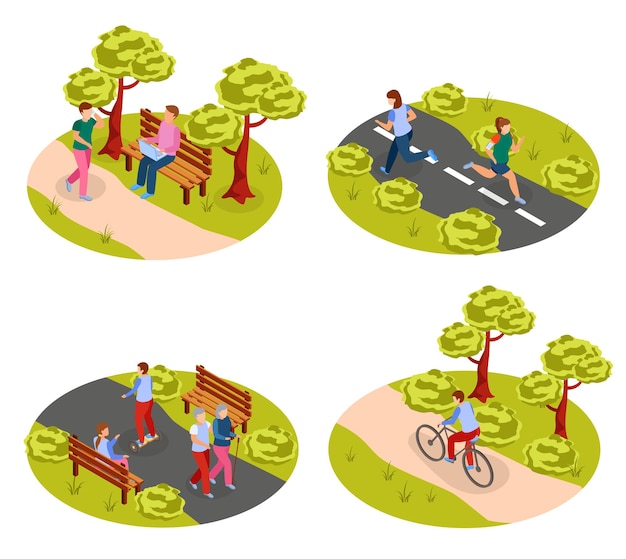 Gratis vector stadsmensen buitenactiviteiten 2 rond isometrisch concept met wandelen fietsen joggen in parkillustratie,