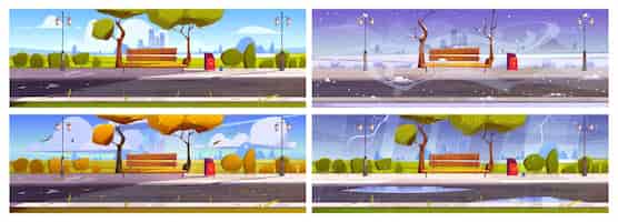 Gratis vector stadspark met bomen bank en straatverlichting in verschillende seizoenen cartoon vectorillustraties van zomer winter lente en herfst landschap van lege openbare tuin