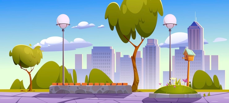 Gratis Vector stadspark met groene bomen en gras houten bankje en stadsgebouwen op skyline