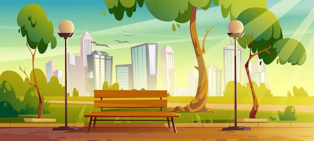 Stadspark met groene bomen en gras, houten bankje, lantaarns en stadsgebouwen op skyline.