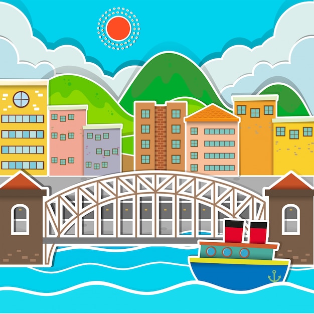 Gratis vector stadsscène met brug en rivier