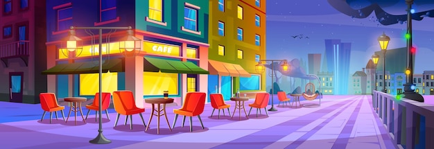 Gratis vector stadsstraat met café of restaurant met tafels buiten zomerstad met gebouwen exterieur coffeeshop met tafels en stoelen op terras en lantaarns 's nachts cartoon vectorillustratie