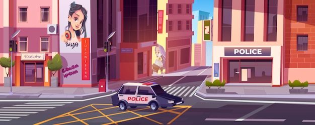 Stadsstraat met politiebureau, auto en huizen