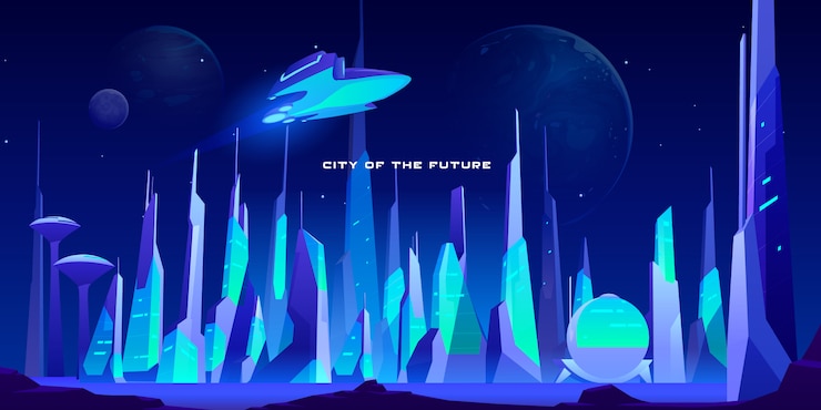 Gratis Vector stadstoekomst bij nacht in neonlichtenillustratie