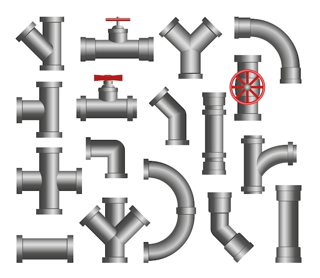 Stalen buizen cartoon afbeelding instellen. geïsoleerde pictogrammen van metalen pijpleidingverbinding, kleppen, flenzen, afvoeren voor water- of oliesysteem