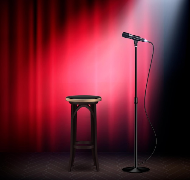 Gratis vector stand-up show comedy stage attributen realistisch beeld met microfoon barkruk rood gordijn retro illustratie