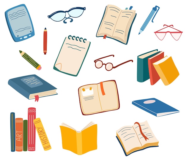 Stapels boeken om te lezen set literatuur woordenboeken planners met bladwijzers vector