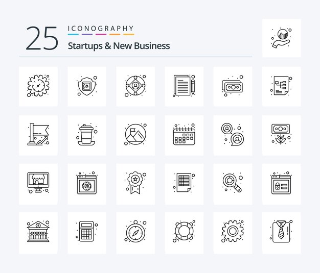 Startups en New Business 25 Line icon pack inclusief bankbiljet projectverzekering planning productie
