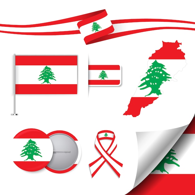 Gratis vector stationery elementen collectie met de vlag van libanon ontwerp