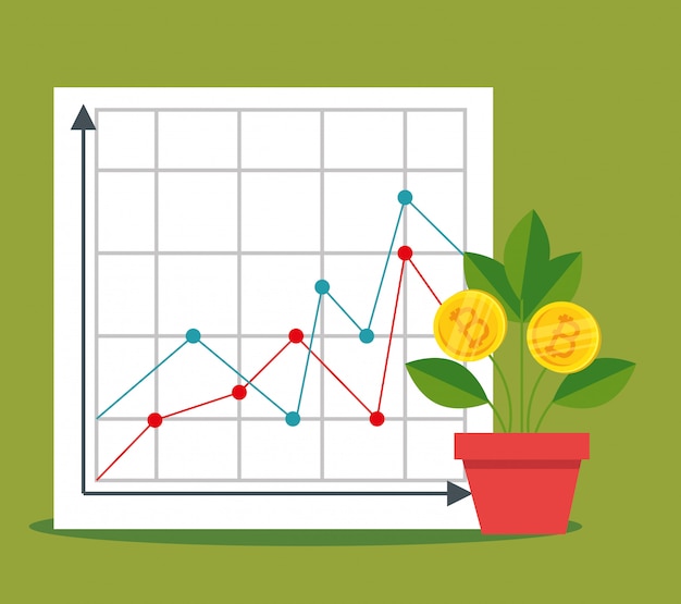 Statistieken diagram en plant met bitcoin valuta