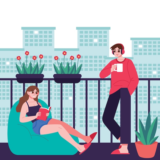 Gratis vector staycation thuis balkon met man en vrouw