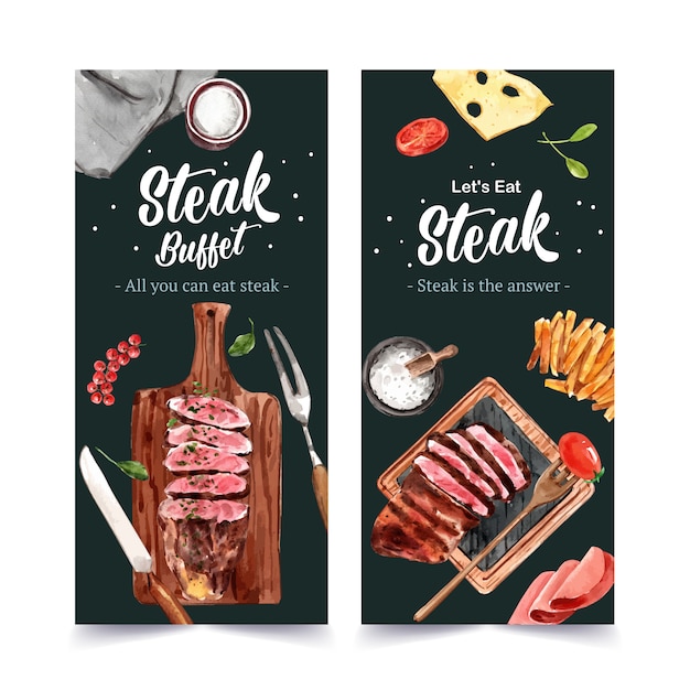 Gratis vector steak flyer ontwerp met biefstuk, kaas, tomaat aquarel illustratie.