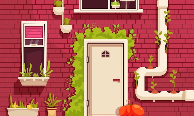 Gratis vector stedelijk tuinieren cartoon concept met het bouwen van achterdeur met planten vector illustratie