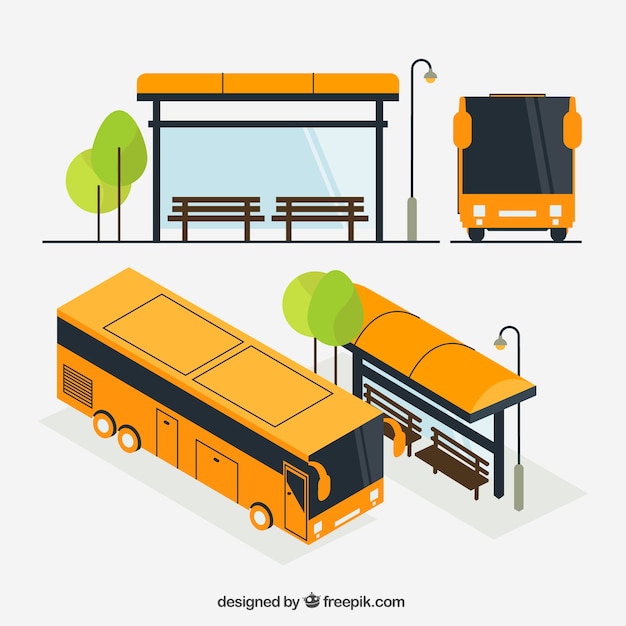 Gratis vector stedelijke bus- en bushalte met isometrisch aanzicht