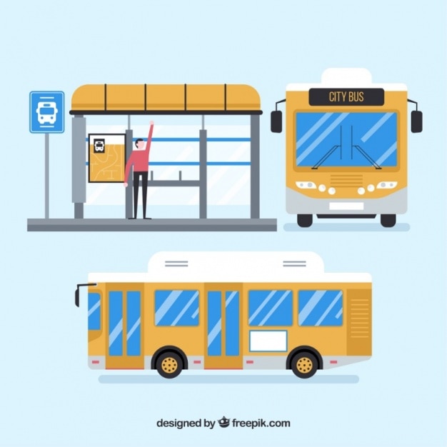 Gratis vector stedelijke bus- en bushalte met plat ontwerp