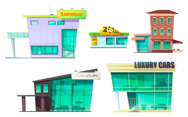 Gratis Vector stedelijke retro modern gebouw cartoon set