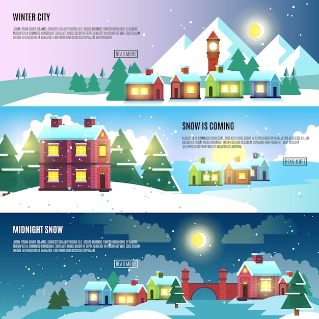 Stedelijke, stad, stadsgezicht winter vector banners set. architectuur stedelijke sneeuw, stadsgezicht van de baniersneeuw, de sneeuw de stedelijke bouw, stedelijke exterieur sneeuwillustratie