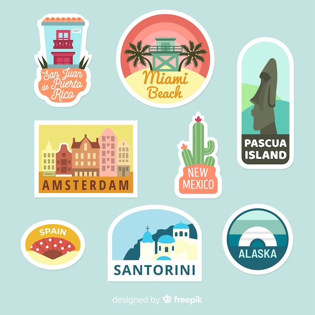 Gratis vector steden reizen stickercollectie