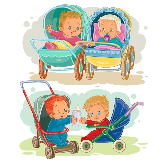 Stel illustraties van kleine kinderen in een kinderwagen en wandelwagen