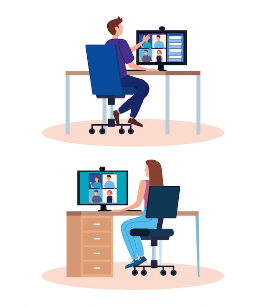 Gratis vector stel scènes in van mensen in videoconferentie