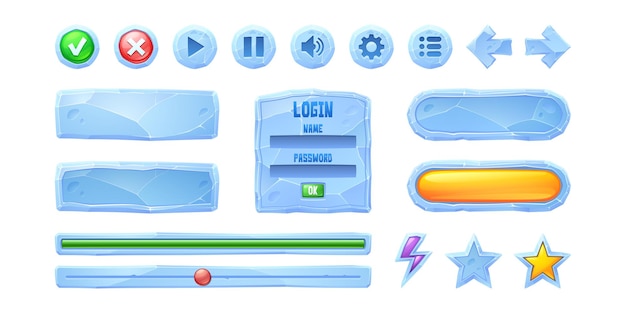 Stel voortgangsbalken in spelknoppen van ijstextuur cartoon bevroren menu-interface ui of gui-elementen gebruiker ...