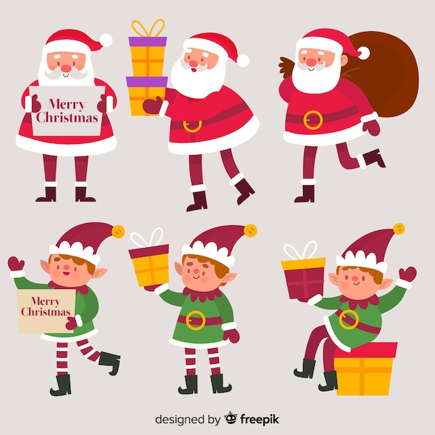 Gratis vector stellende kerstmisinzameling van de kerstman en van de elf