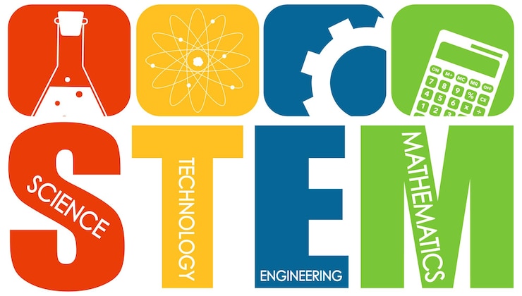 Gratis Vector stem-onderwijslogobanner met leerelementen