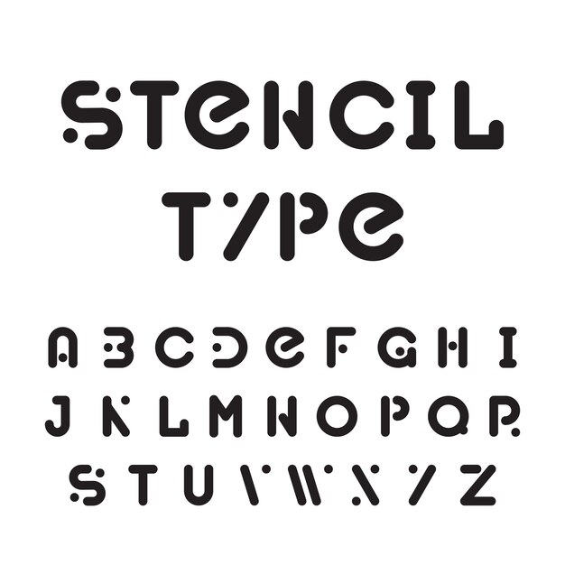 Stencil lettertype, zwart modulair rond alfabet