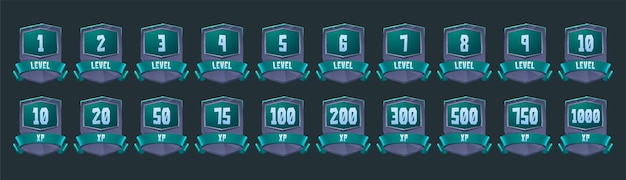 Stenen badges met levelnummer en xp voor game