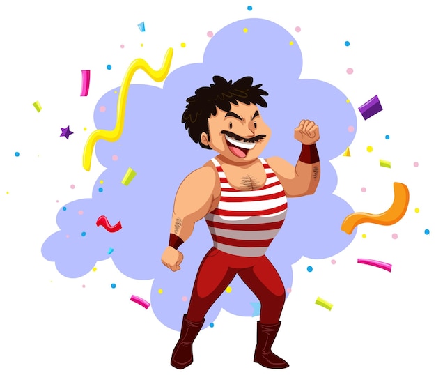 Gratis vector sterke man met spieren op confetti achtergrond