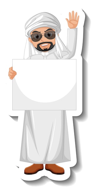 Gratis vector sticker arabische man met leeg bord op witte achtergrond