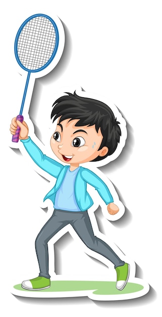 Gratis vector sticker van stripfiguur met een jongen die badminton speelt